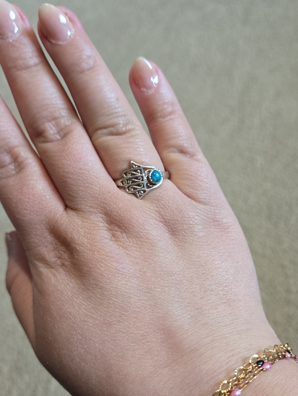 Sterling Silver Hamsa Ring with Turquoise Accent